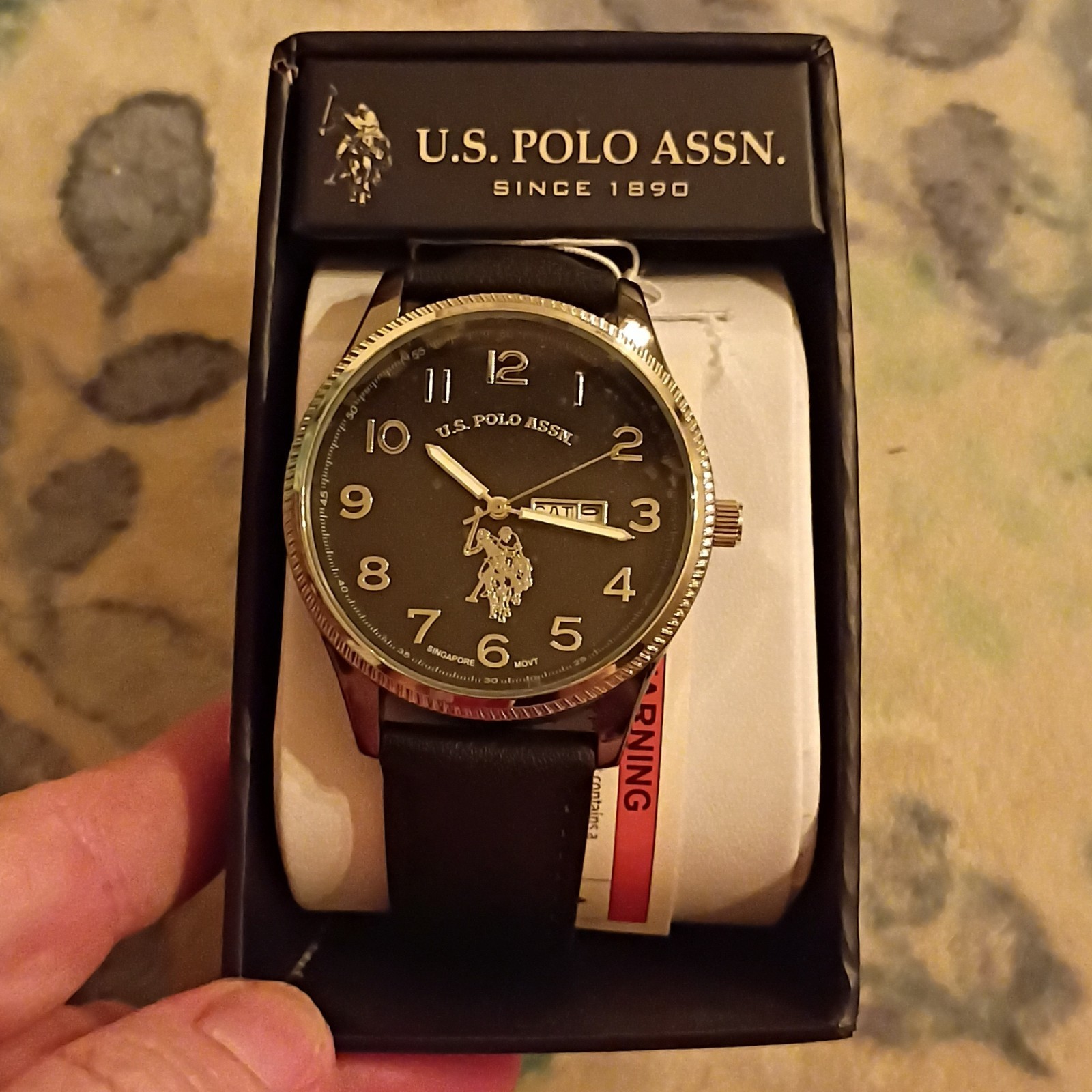 U.S. Polo Assn. Analog Quartz Black Dial Faux Leather Strap Date Box