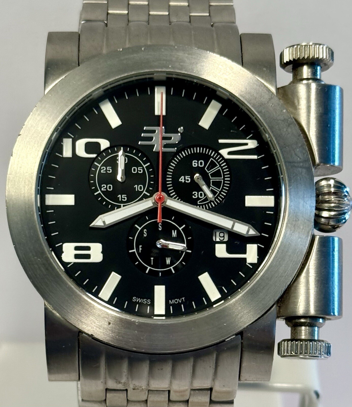 45mm Rare Push Button Design Swiss Chrono Slvrtn 7.5” Bracelet 32 DEGREES Watch