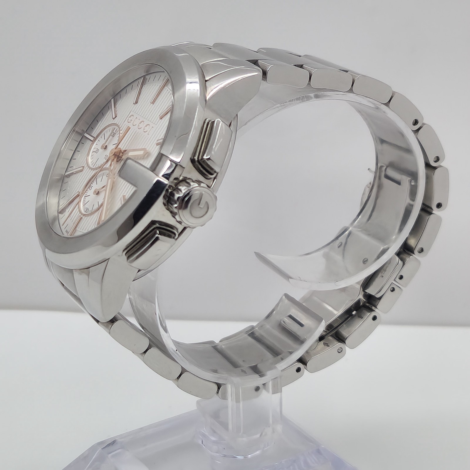 GUCCI G-CHRONO MENS $1820 SILVER ROSE GOLD ACCENTS CHRONOGRAPH WATCH YA101201