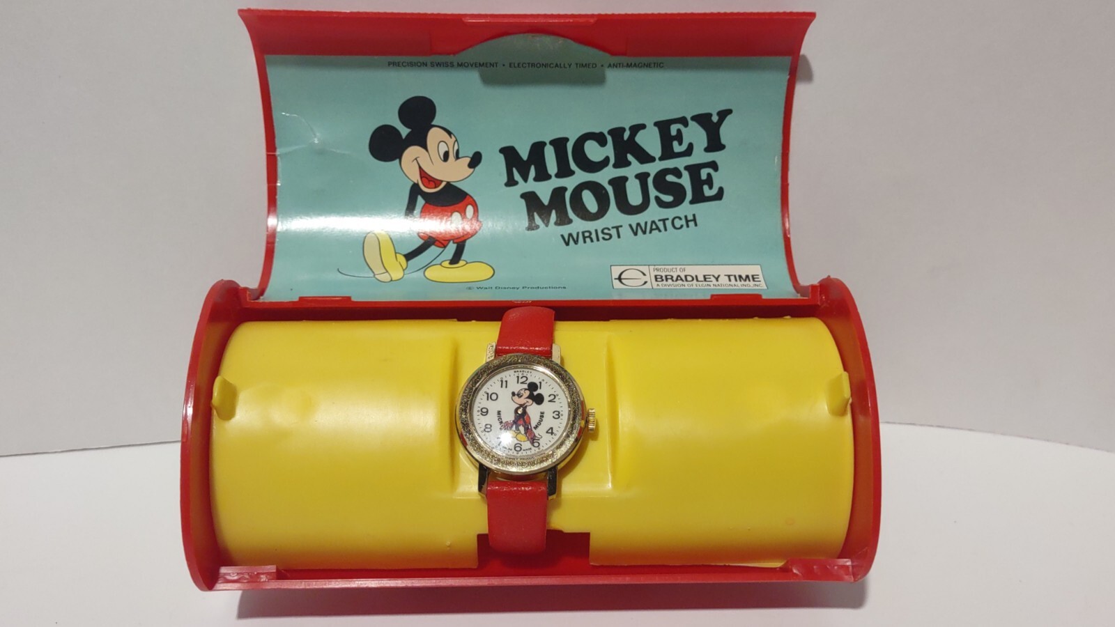 WORKING / NOS Red Gloved Mickey Mouse Watch by Bradley Time, Swiss Made, Unused