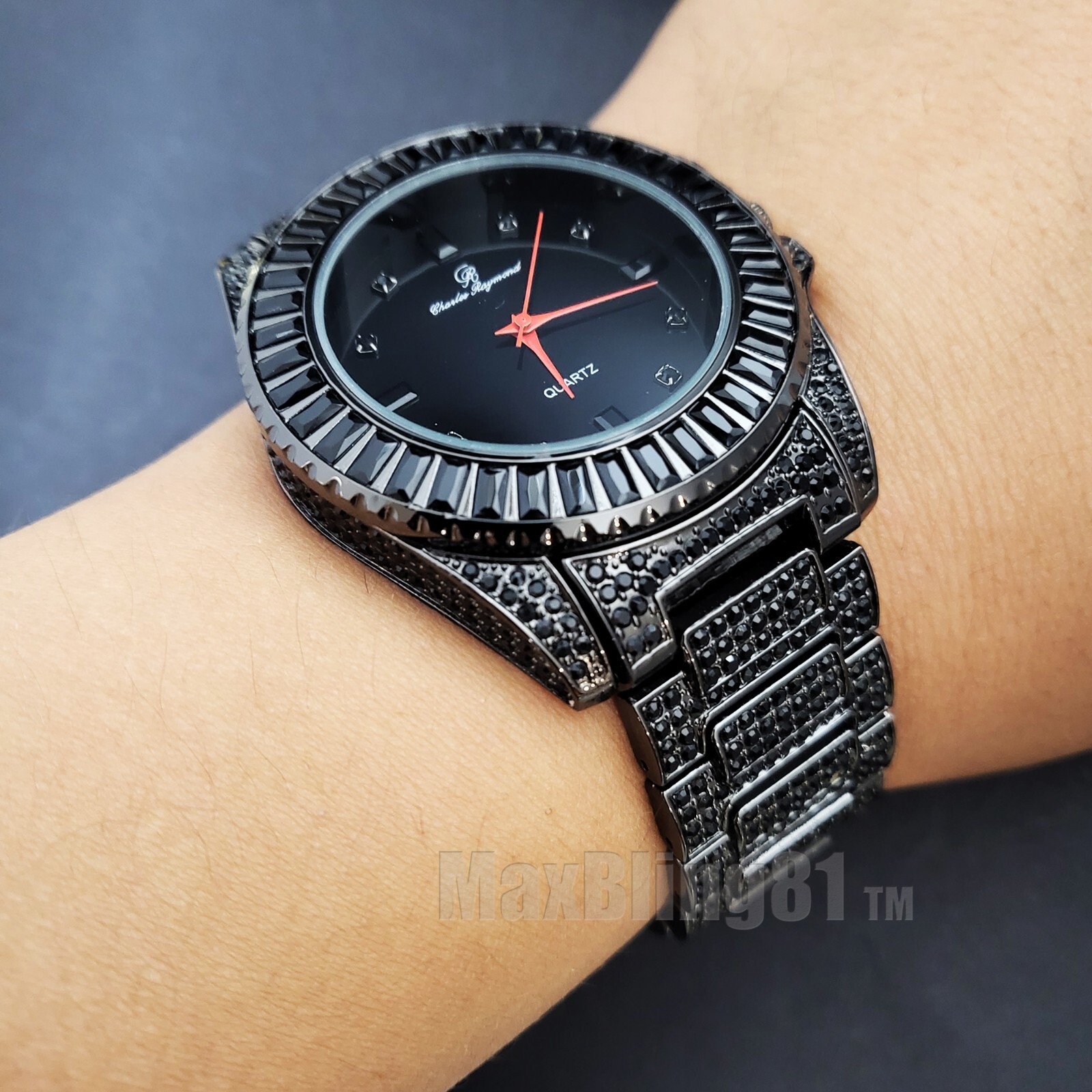 Watch Men’s Luxury Black Hip Hop Style Cubic Zirconia Iced Bracelet Wristwatch