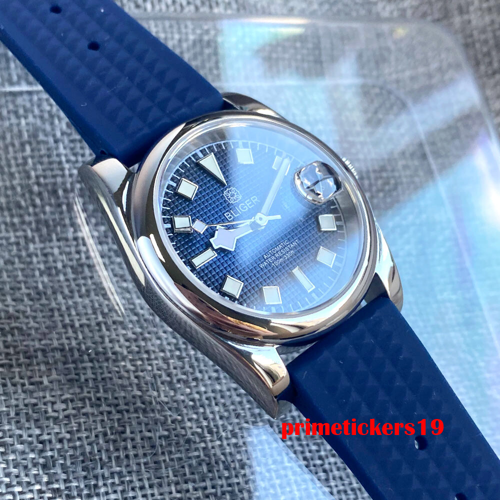 BLIGER 36mm/39mm Polished Case NH35A Automatic Men Watch Grid Dial Date Rubber