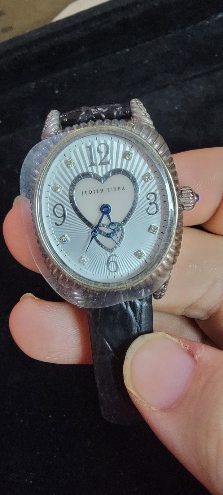 Judith Ripka Sterling MOP Hearts Dial Watch w/ Leather Band Deployment Clasp 61