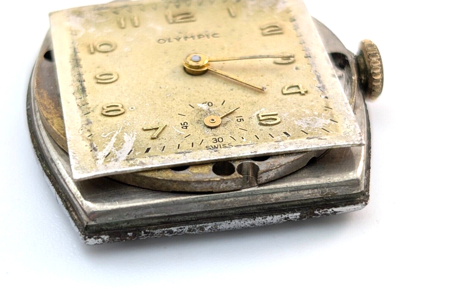 Vintage OLYMPIC Gsell & Co 7j 28mm Swiss Watch Movement & Rear Case PARTS REPAIR