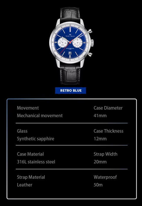 WM Watch Welly Merck Automatic Mechanical Watch Blue/white Panda Dial