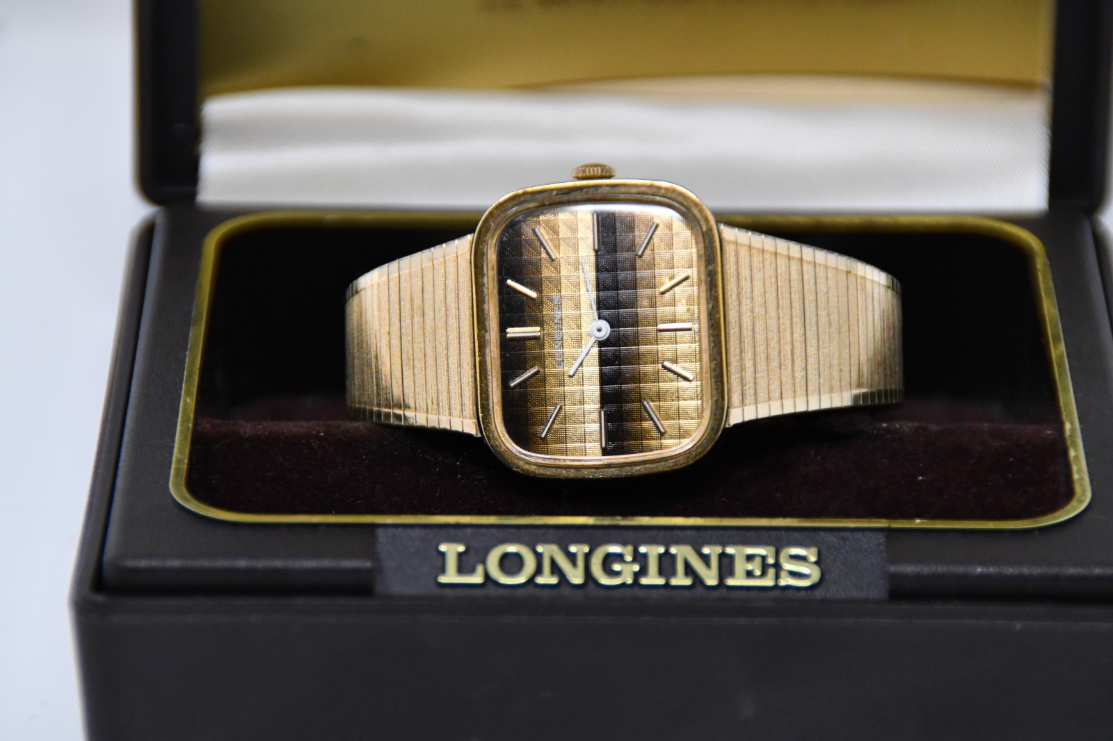 1970s Longines TV Watch, RARE Tiger’s Eye Eclipse Dial – Full-Set Box and Papers