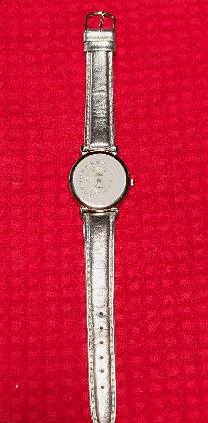 Solina Women’s Quartz Analog Dress Watch Silver Case White Hearts Dial Strap