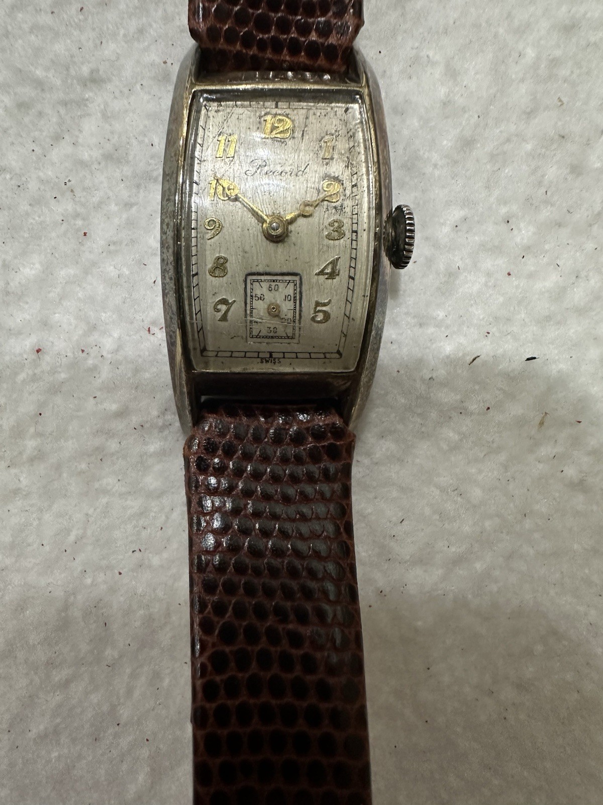 Vintage Swiss Record Geneve Tonneau Rectangular Watch – Working – Leather Strap
