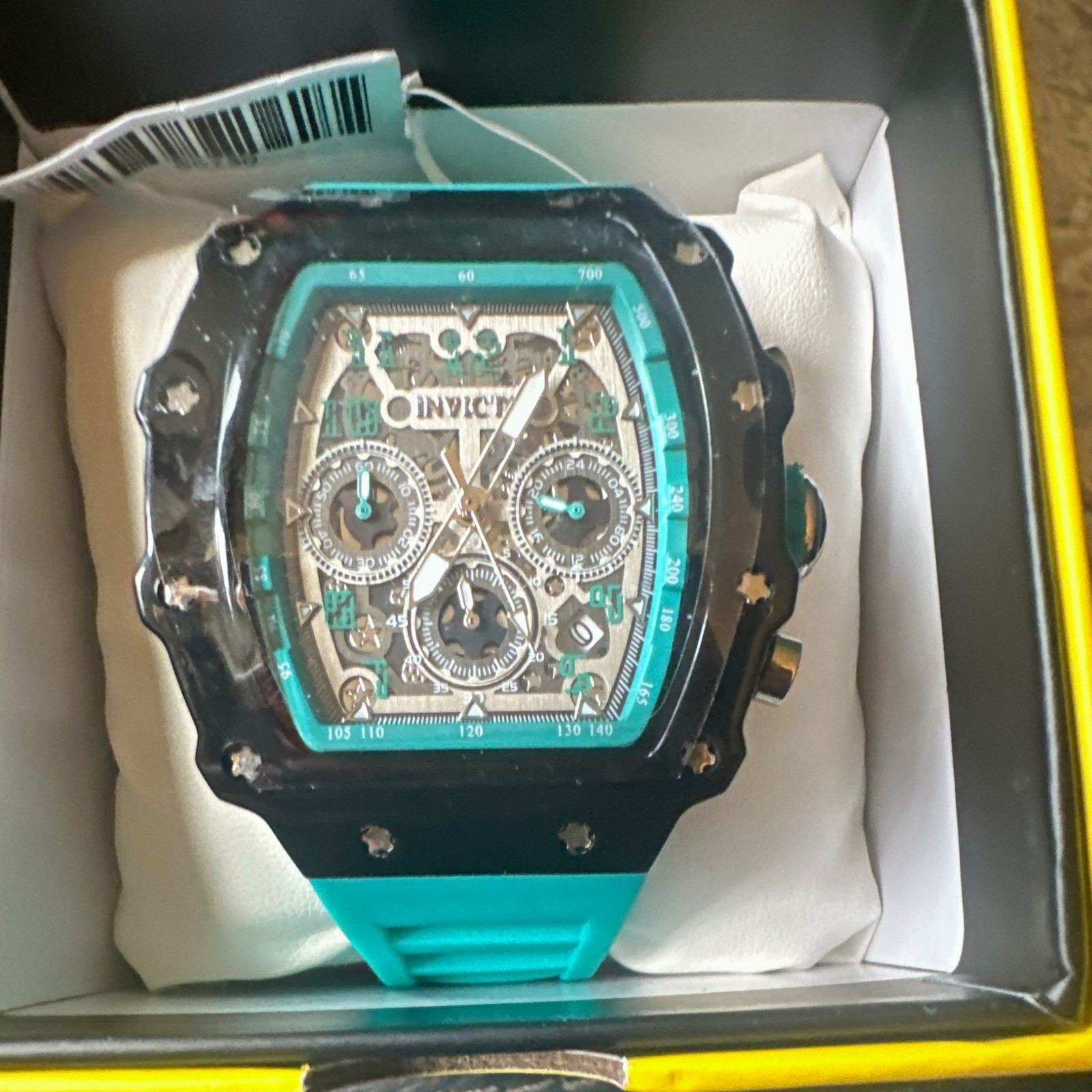 Invicta Quartz Chronograph Tonneau 44mm 100m Black Case Blue Strap Box