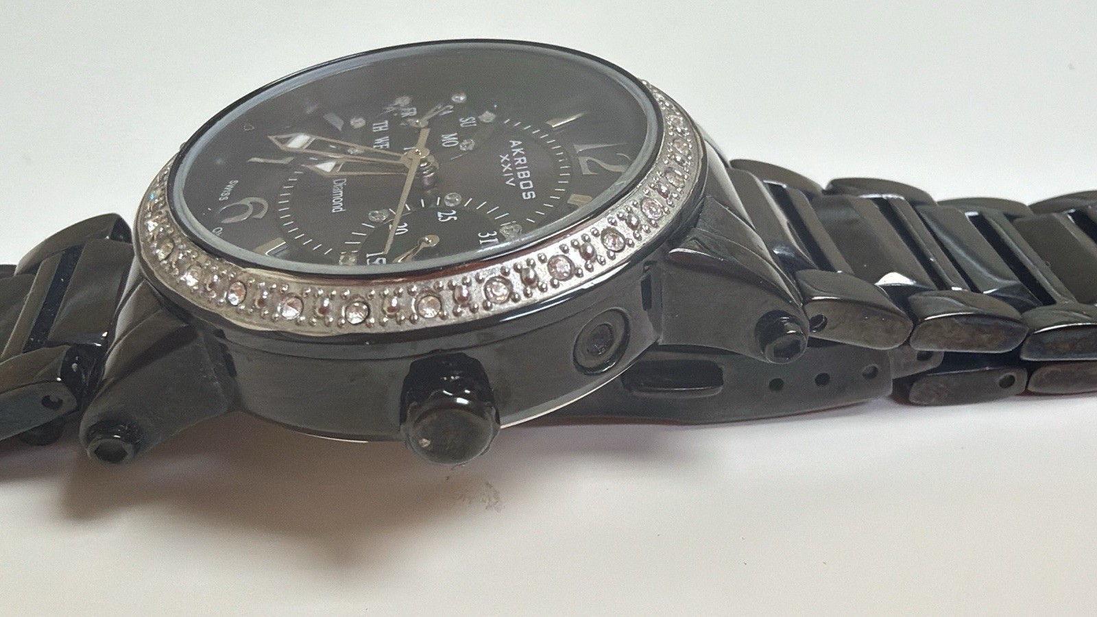 Ladies Akribos XXIV Diamond Black Wrist Watch, Adjustable Link Band