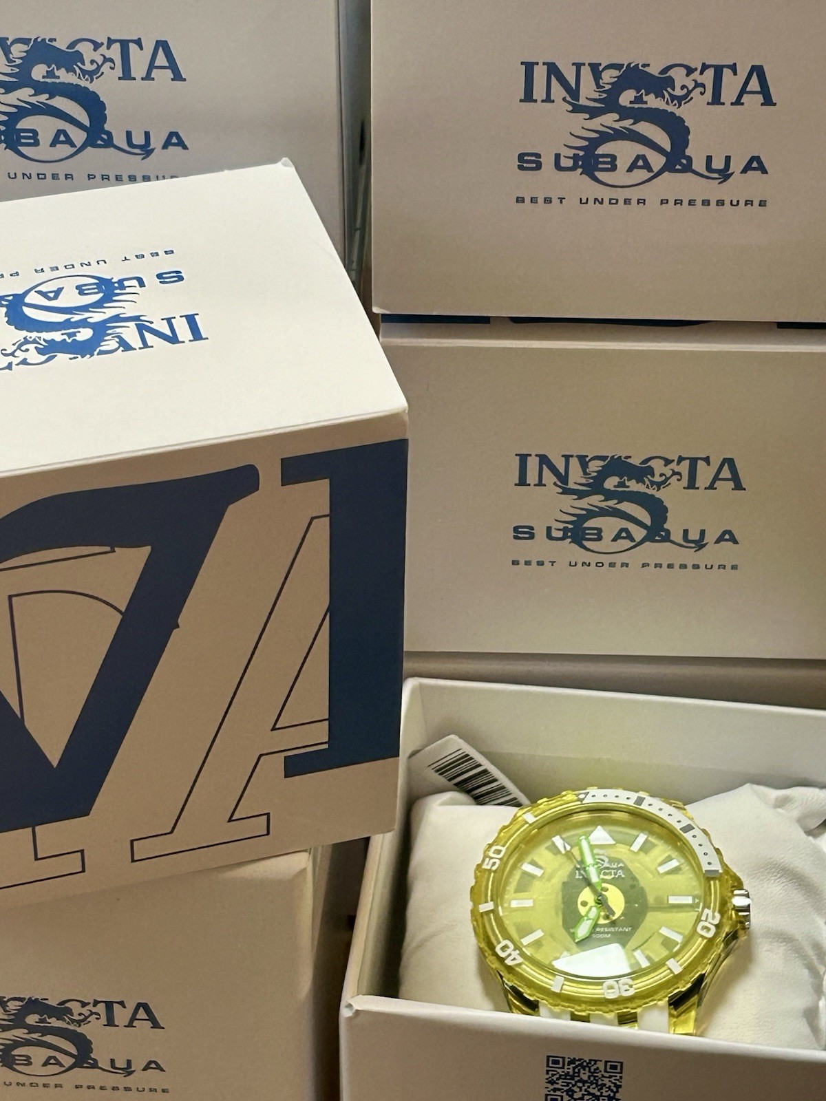INVICTA Subaqua 44mm Watch, WR 100m, 8” Wrist, New/Box/3yr Wnty, Yellow & White