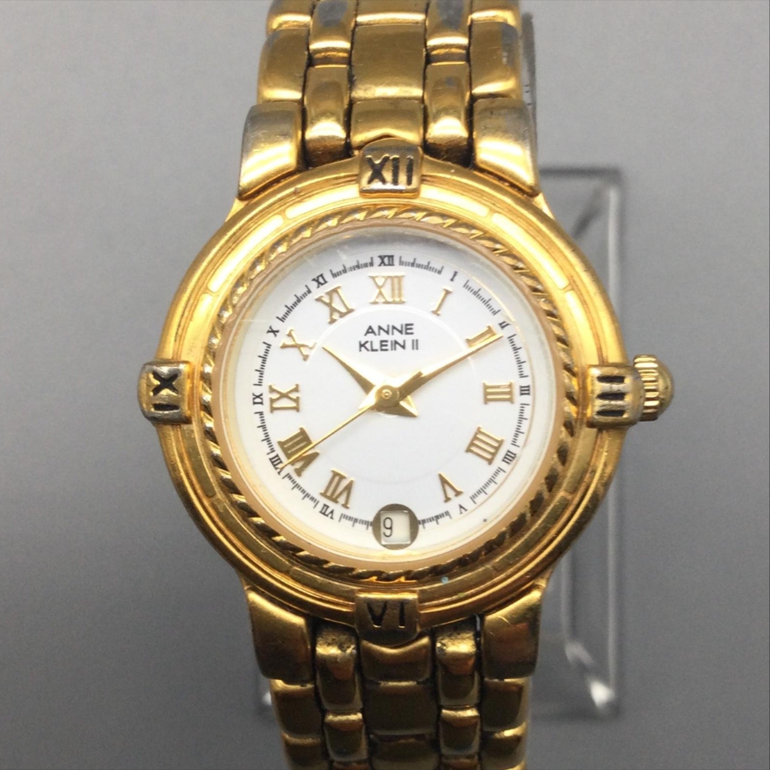Vintage Anne Klein II 101744-7 Women Watch 25mm Gold Tone Date New Battery 6.5″
