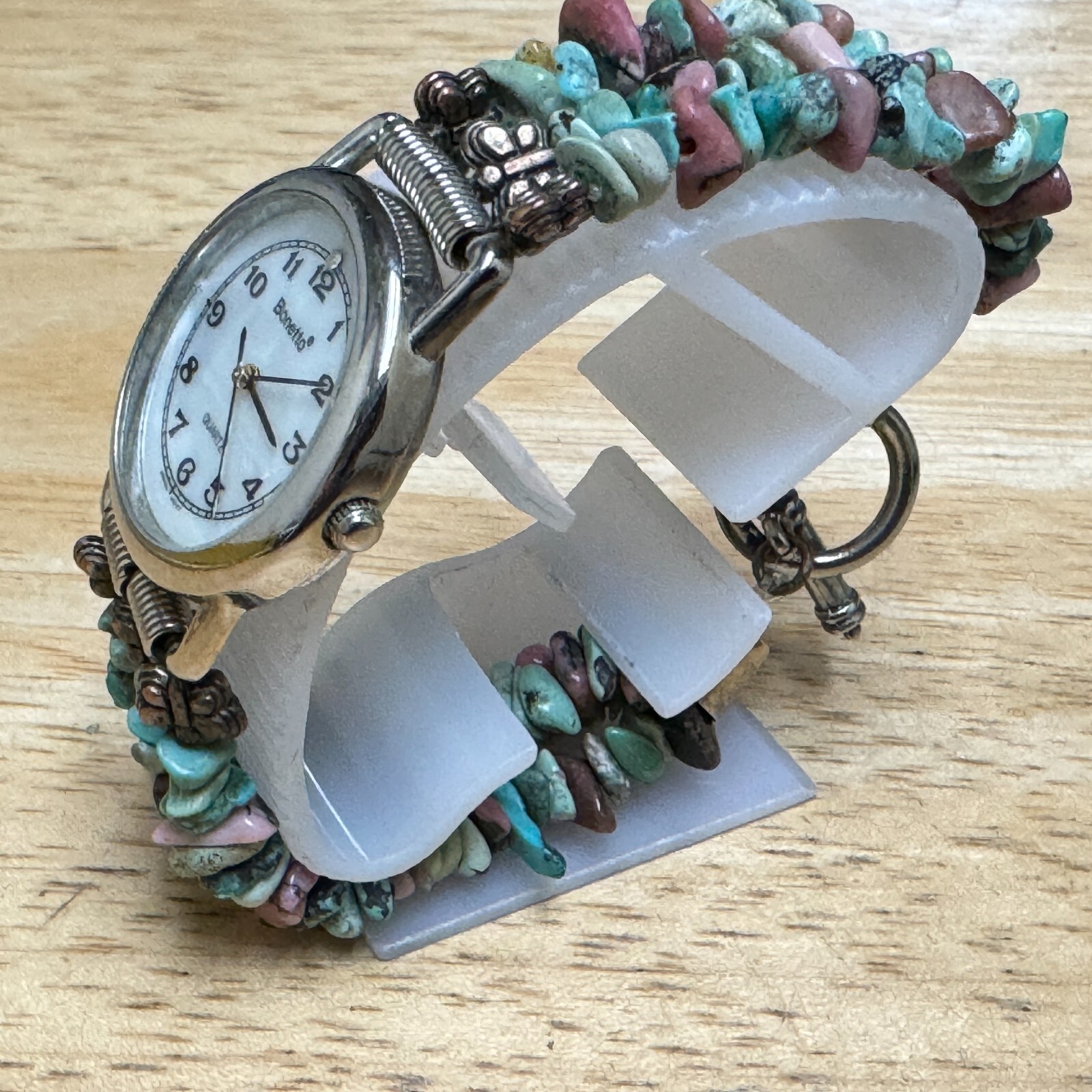 VTG Bonetto Japan Quartz Watch Women Silver Natural Rock Beads Band New Battery
