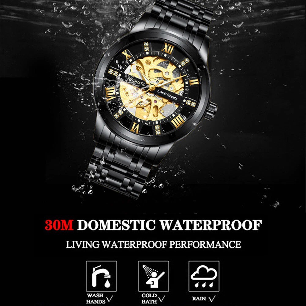 Men’s Luxury Stainless Steel Gold Tone Skeleton Automatic Mechanical Wrist Watch