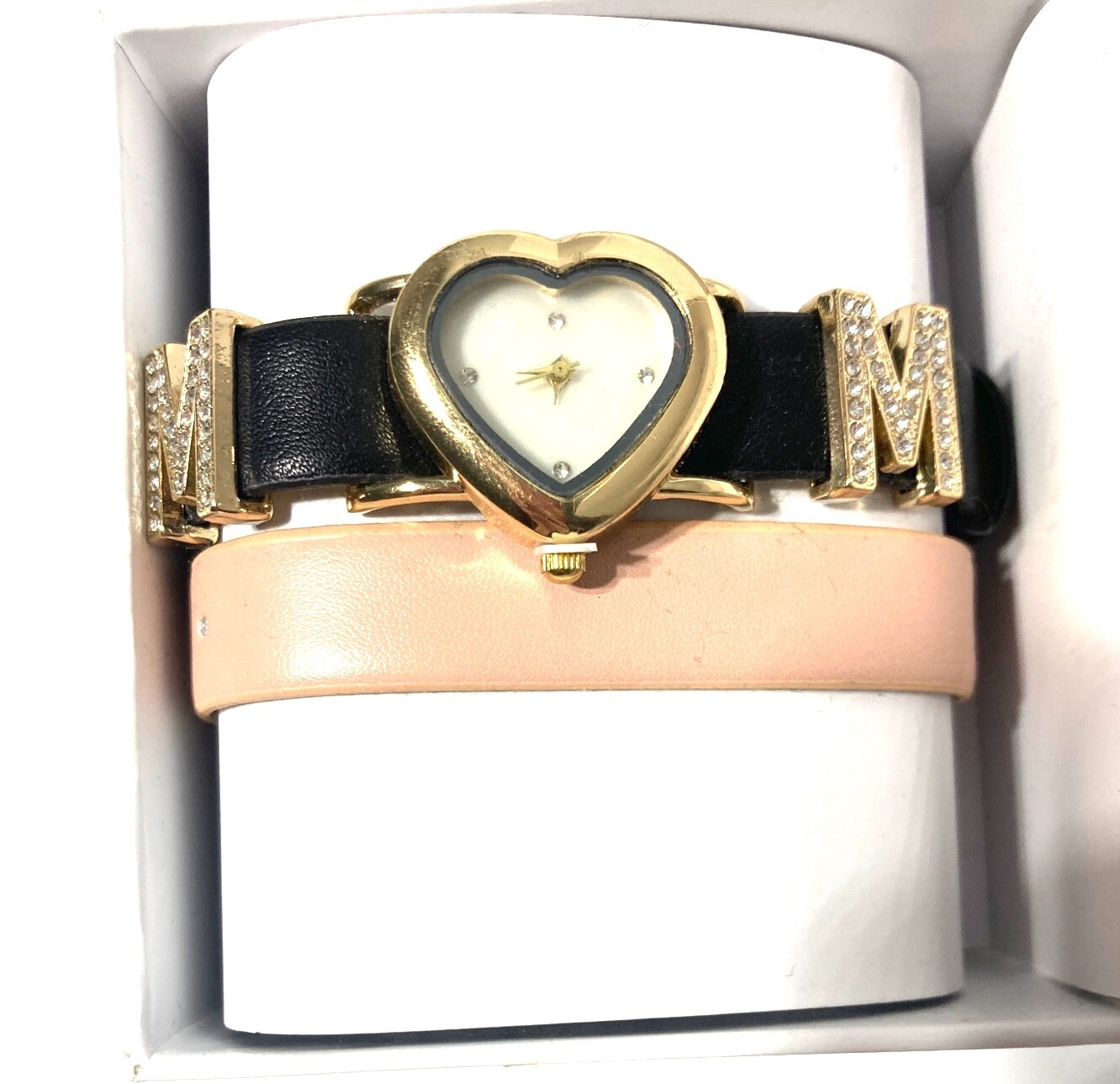JESSICA CARLYLE LADIES GOLD-TONE HEART «MOM» WATCH WITH BLACK LEATHER STRAP NIB