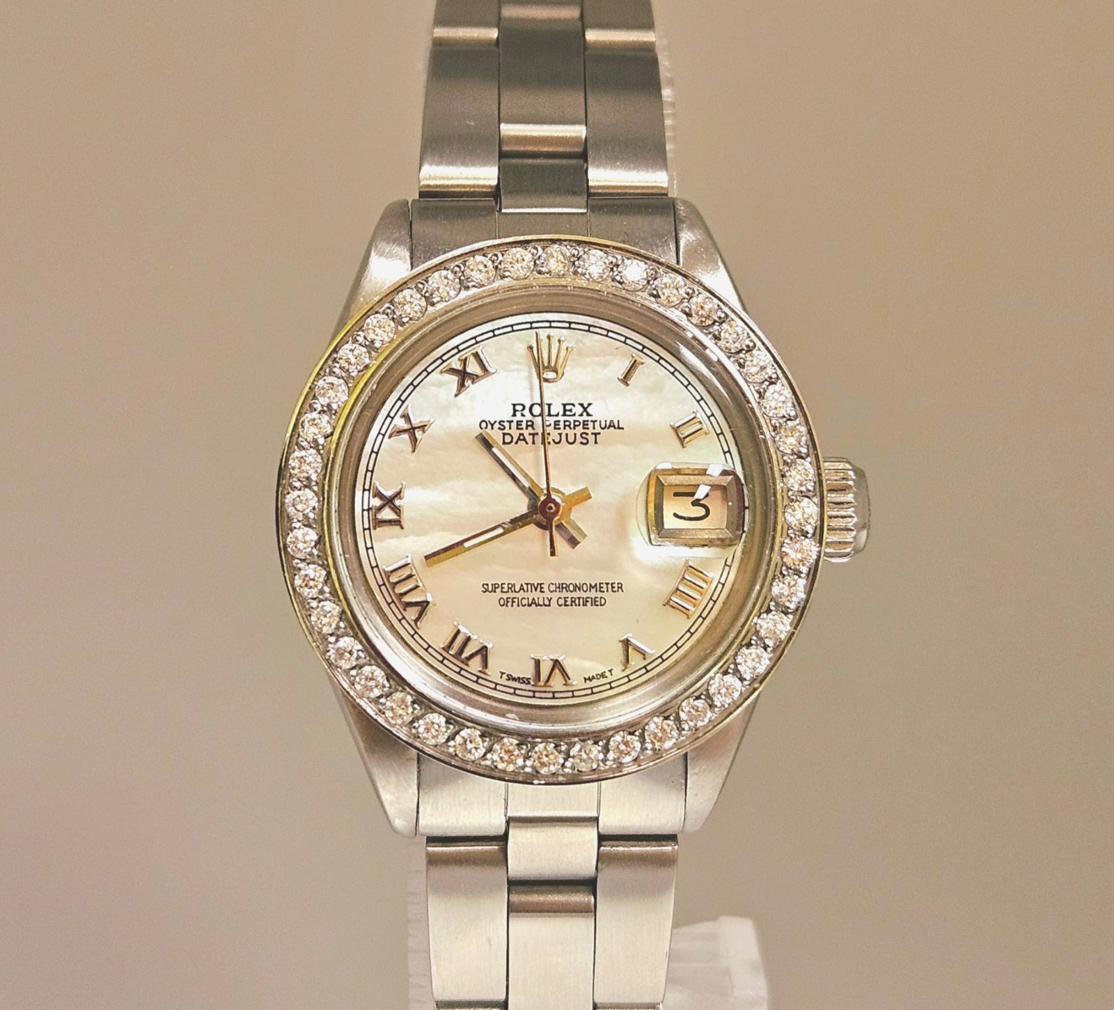 Rolex Lady Datejust Oyster Stainless Diamond Bezel Watch Roman Pearl