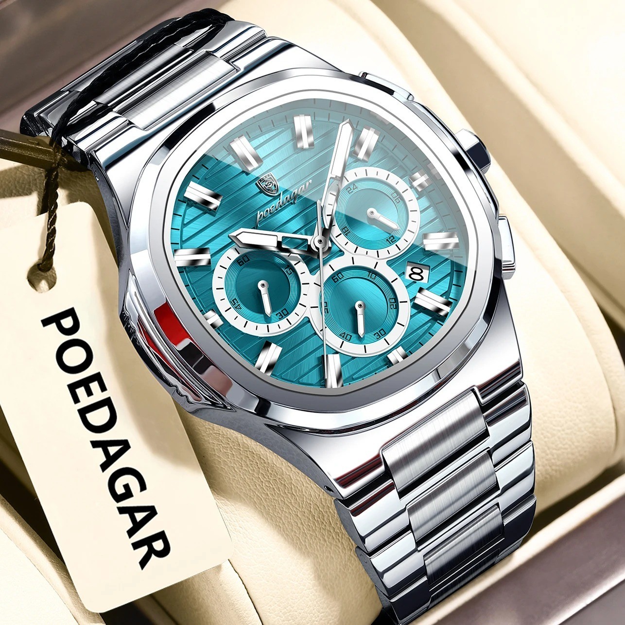 45MM POEDAGAR Men’s Quartz Luxury Watch 30M Waterproof Stainless Luminous NEW