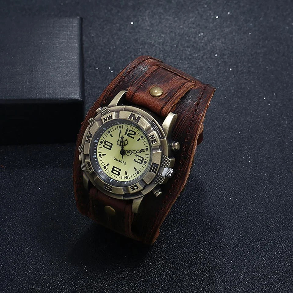 Vintage Retro Leather Cuff Bracelet Wide Band Steampunk Mens Quartz Wrist Watch⌚