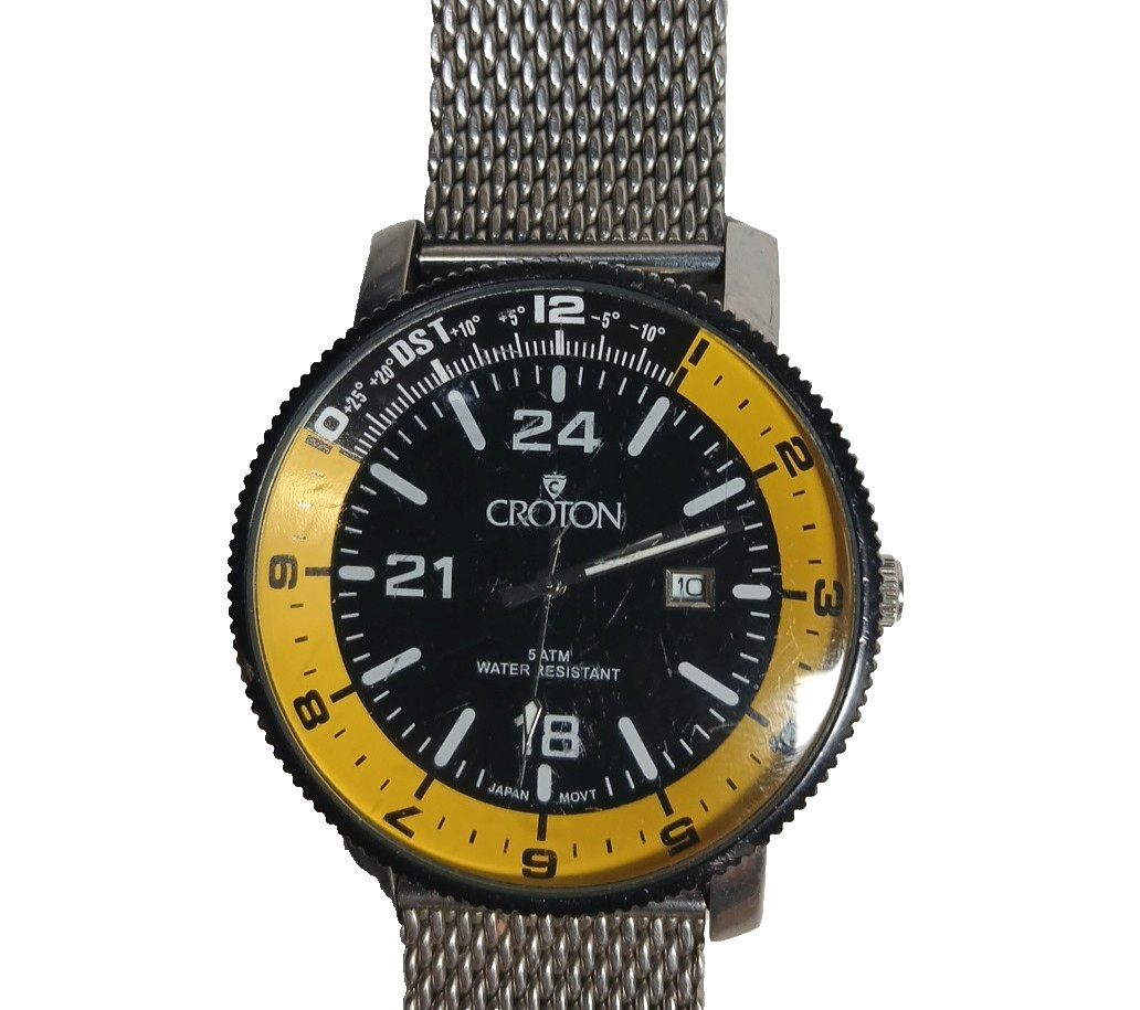 Croton Black/Yellow Dial All Stainless Steel Mesh Bracelet Date Model: CN307148