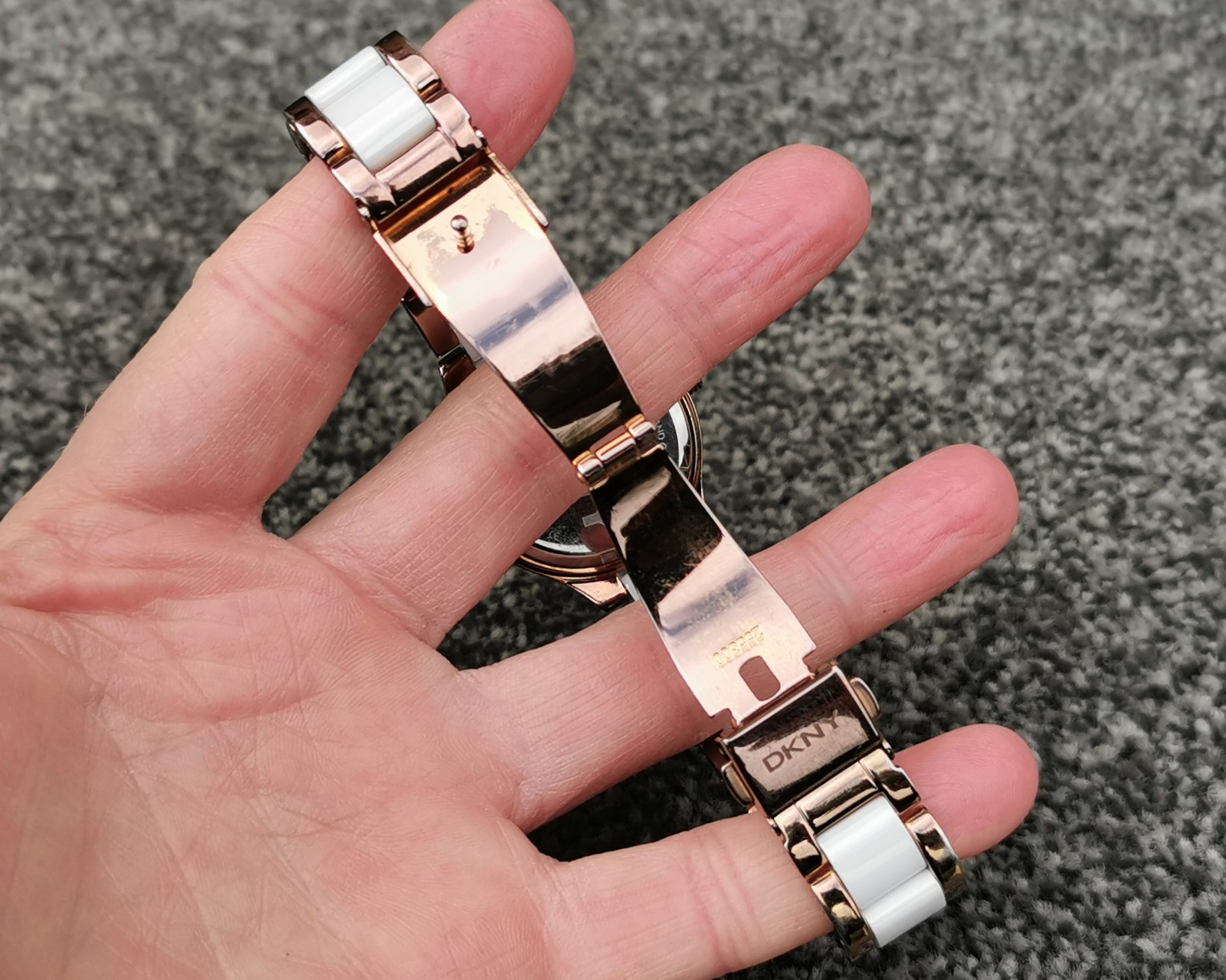 DKNY NY850 Rose Gold Watch, White Round Dial Ceramic Bracelet, Deployment Clasp