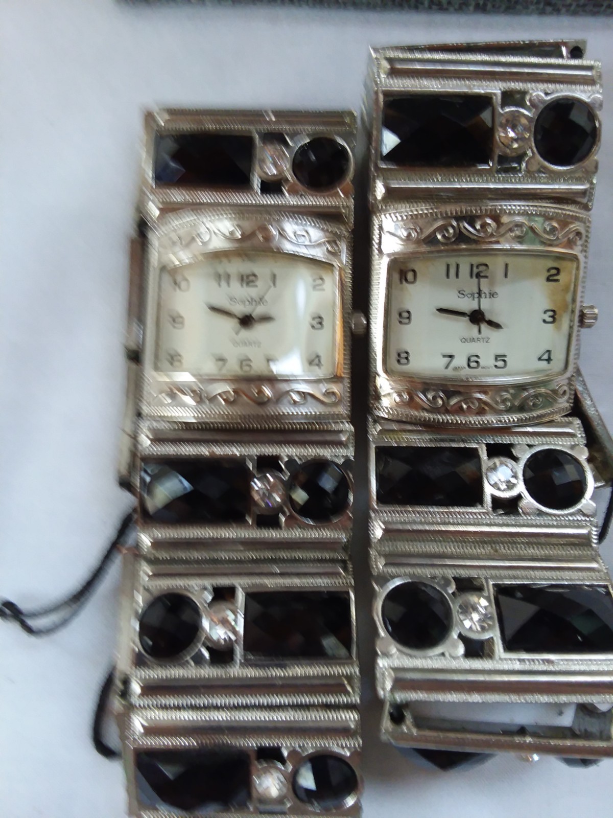 2 Ladies Sophie Quartz Watch Silver Case & Silver & Black Stretch Bracelet As Is