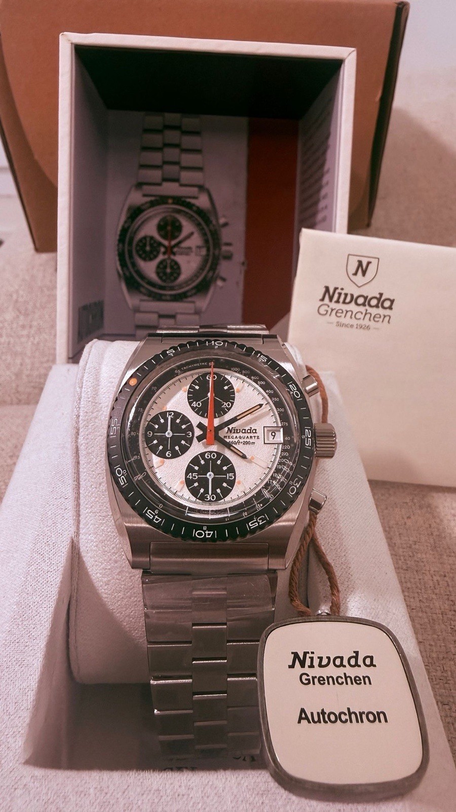 Nivada Grenchen Autochron Chronograph Tachymeter 200m 38mm Steel Box Papers