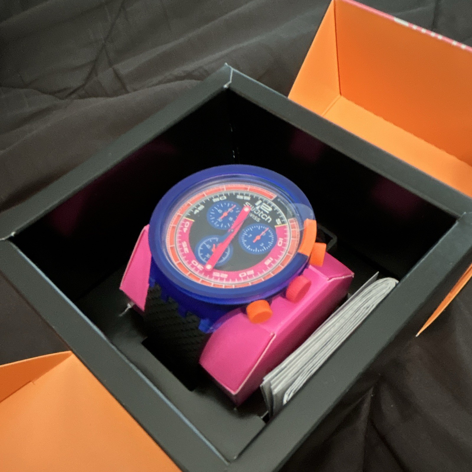 Swatch Neon Party to the Max Blue/Orange Case Black Rubber in original box