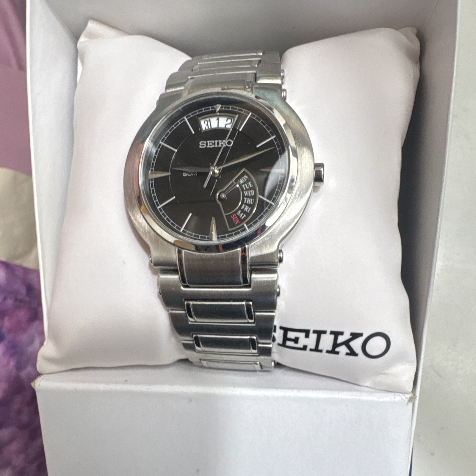 Seiko Premier Men’s Quartz Watch Black Dial Day/Date Silver Steel Bracelet
