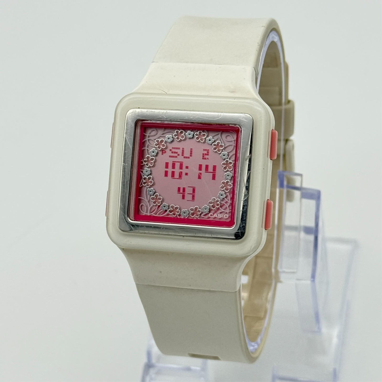 Women’s CASIO Rare White & Pink Digital Poptone Watch, Floral Dial, Runs, LDF-23
