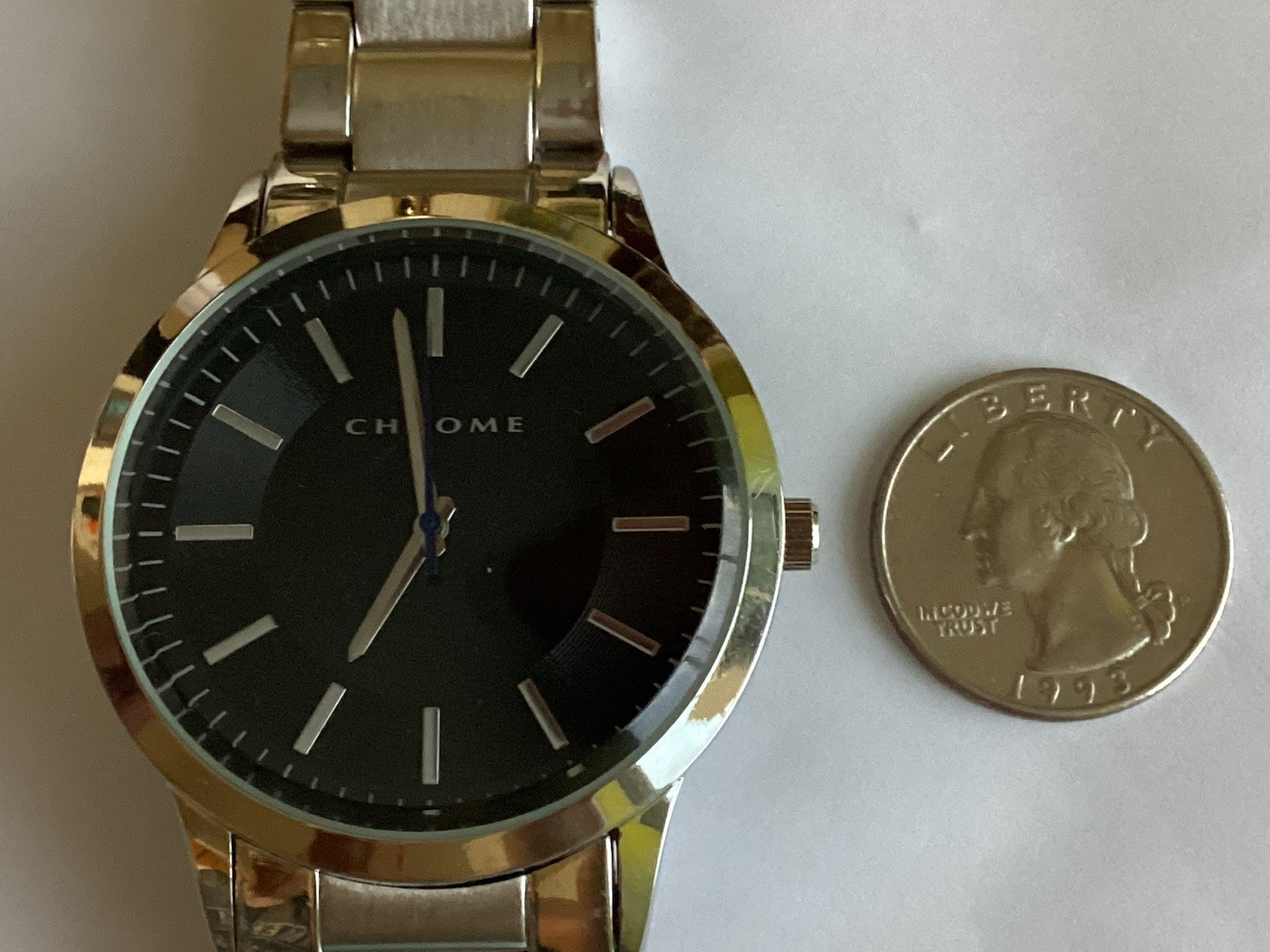Chrome Mens Watch 42mm Silver Tone Black , Dial Stainless Steel w New Battery