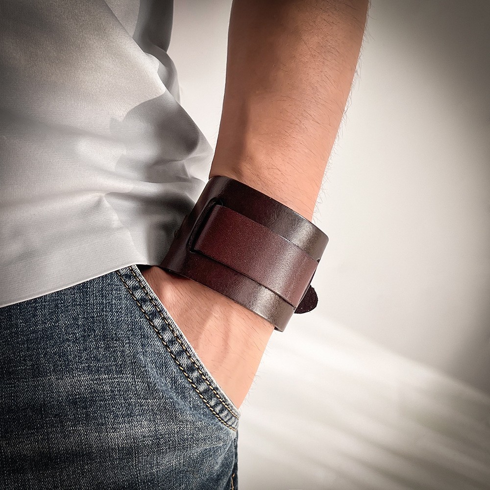 Men’s Punk Wide Genuine Leather Belt Wristband Bangle Cuff Bracelet Adjustable