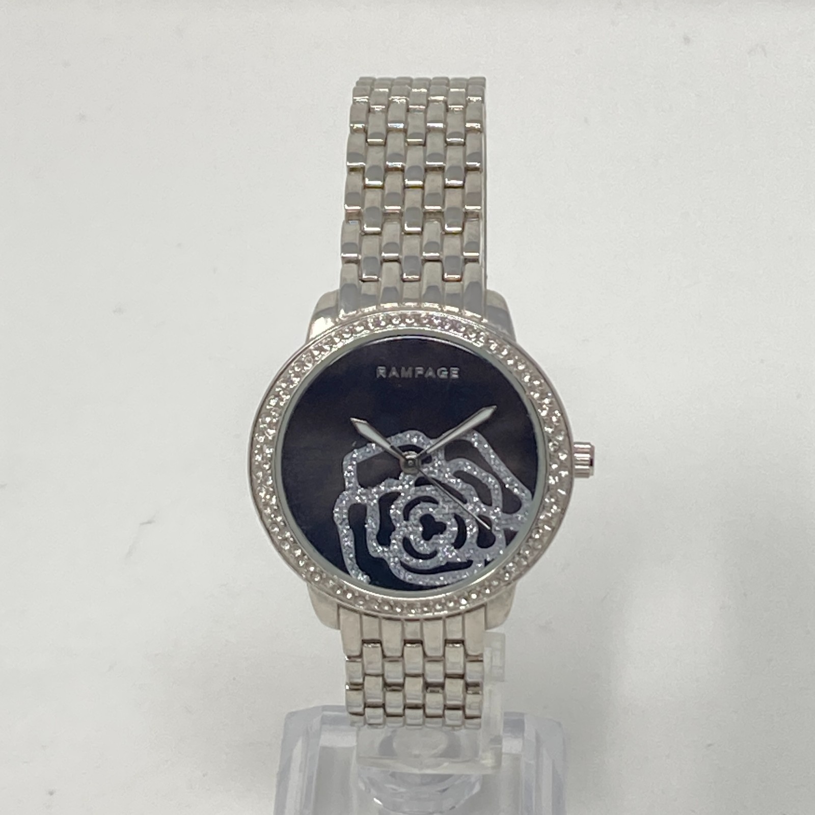Rampage Womens Watch 36mm Floral Crystals Silver Tone Black Bling New Battery 8″