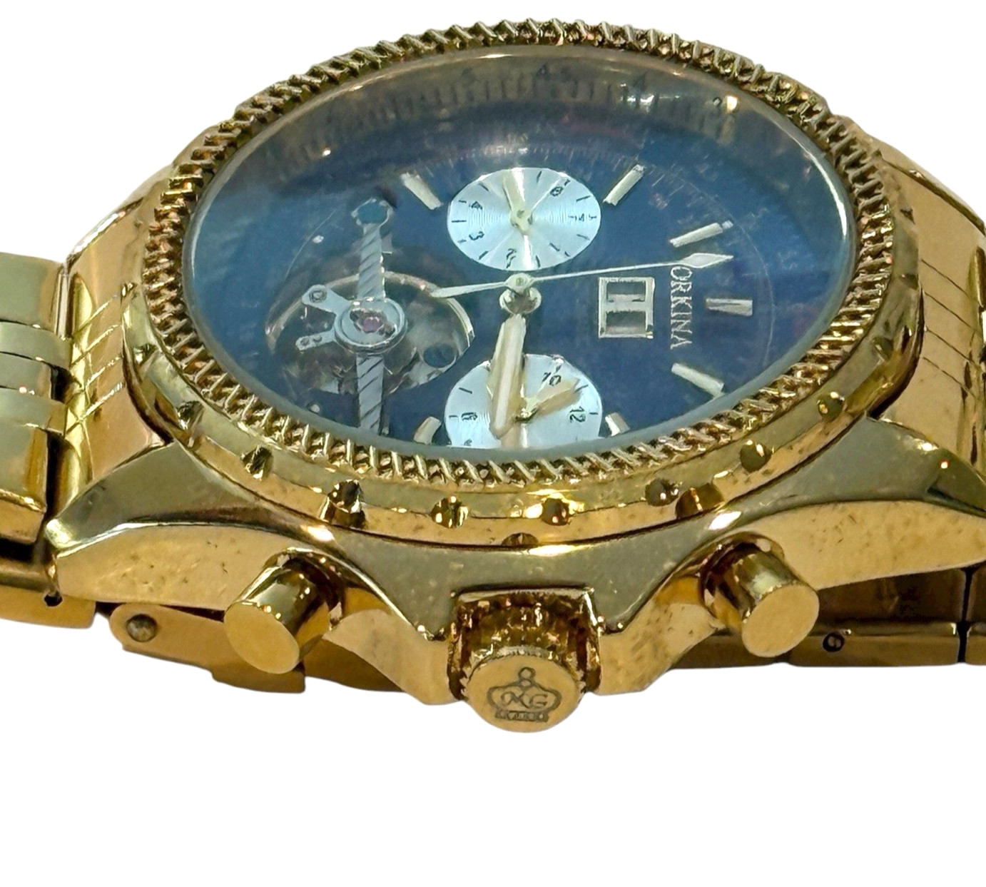 Orkina Men Fashion Chronograph Gold Tone Automatic Analog 49mm Watch 8 3/4″