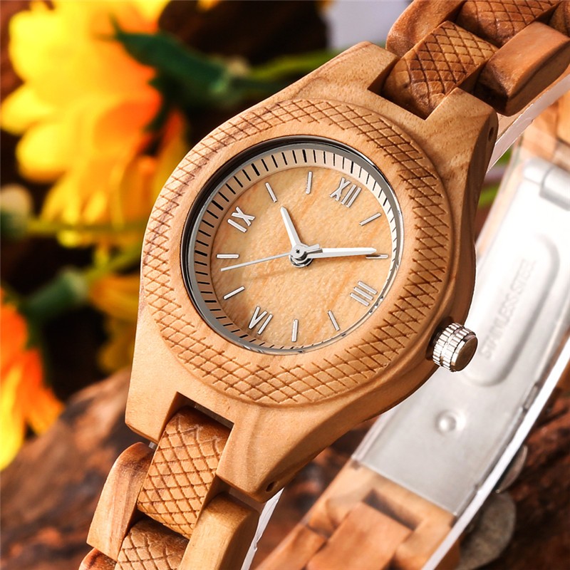 Vintage Women’s Wooden Bracelet Watch Full Wood Band with Folding Clasp Quartz