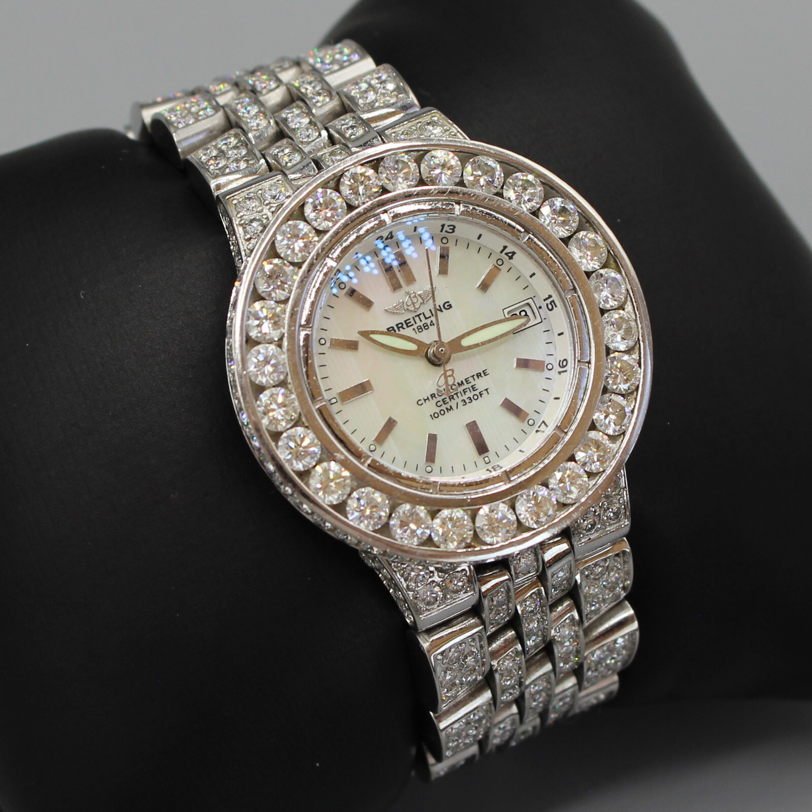 21 CARAT BUST DOWN BREITLING STARLINER WHITE MOTHER OF PEARL DIAL DIAMOND WATCH!