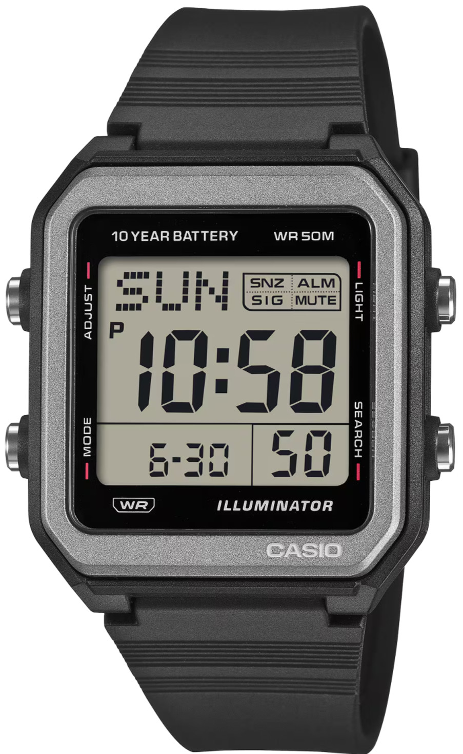 Casio Mens Womens Digital Illuminator Watch Black Silver 50M Alarm LED W221H-1AV