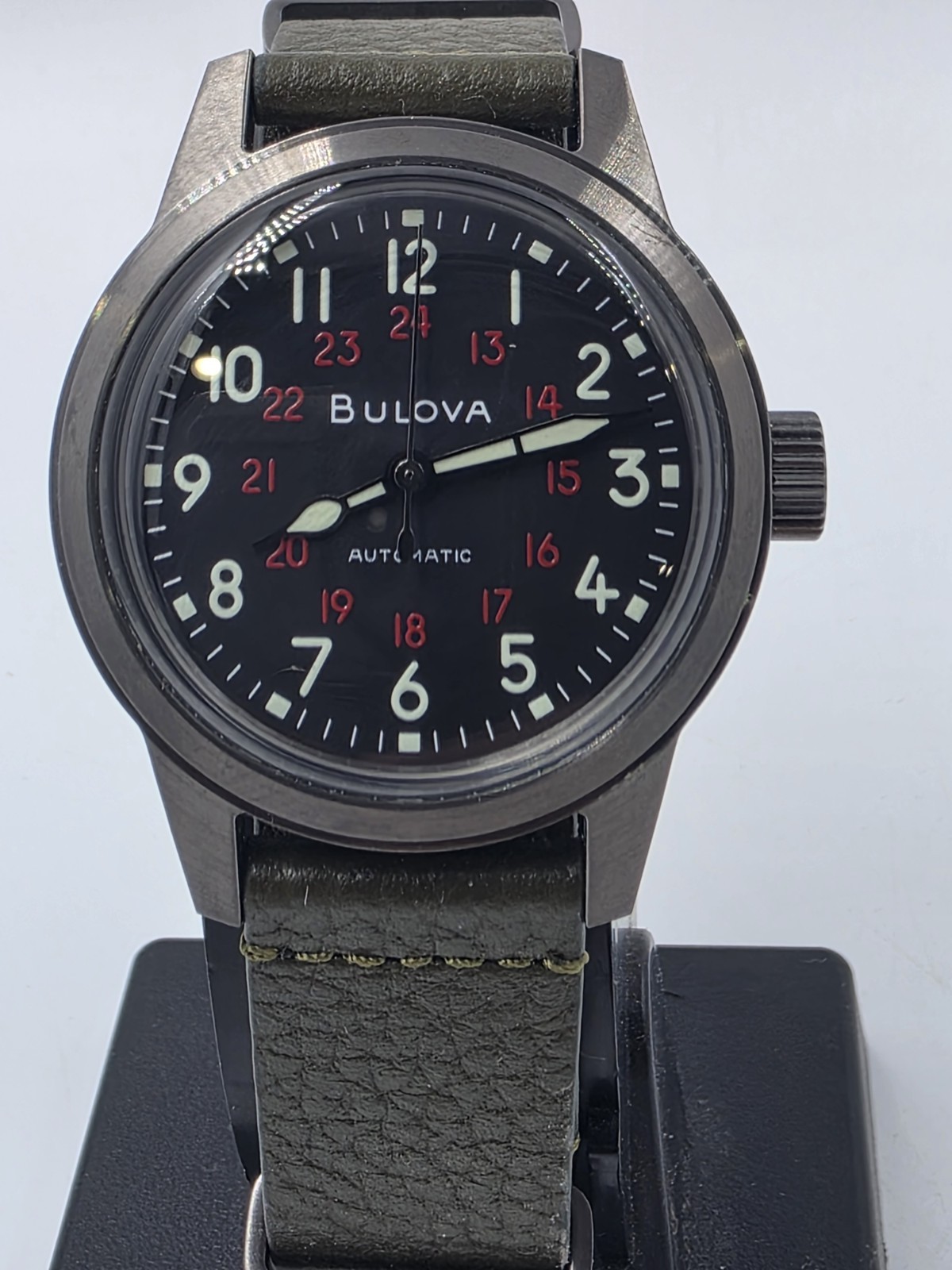 Men’s Bulova Military Hack Black Dial Green Leather Strap Automatic Watch 98A255