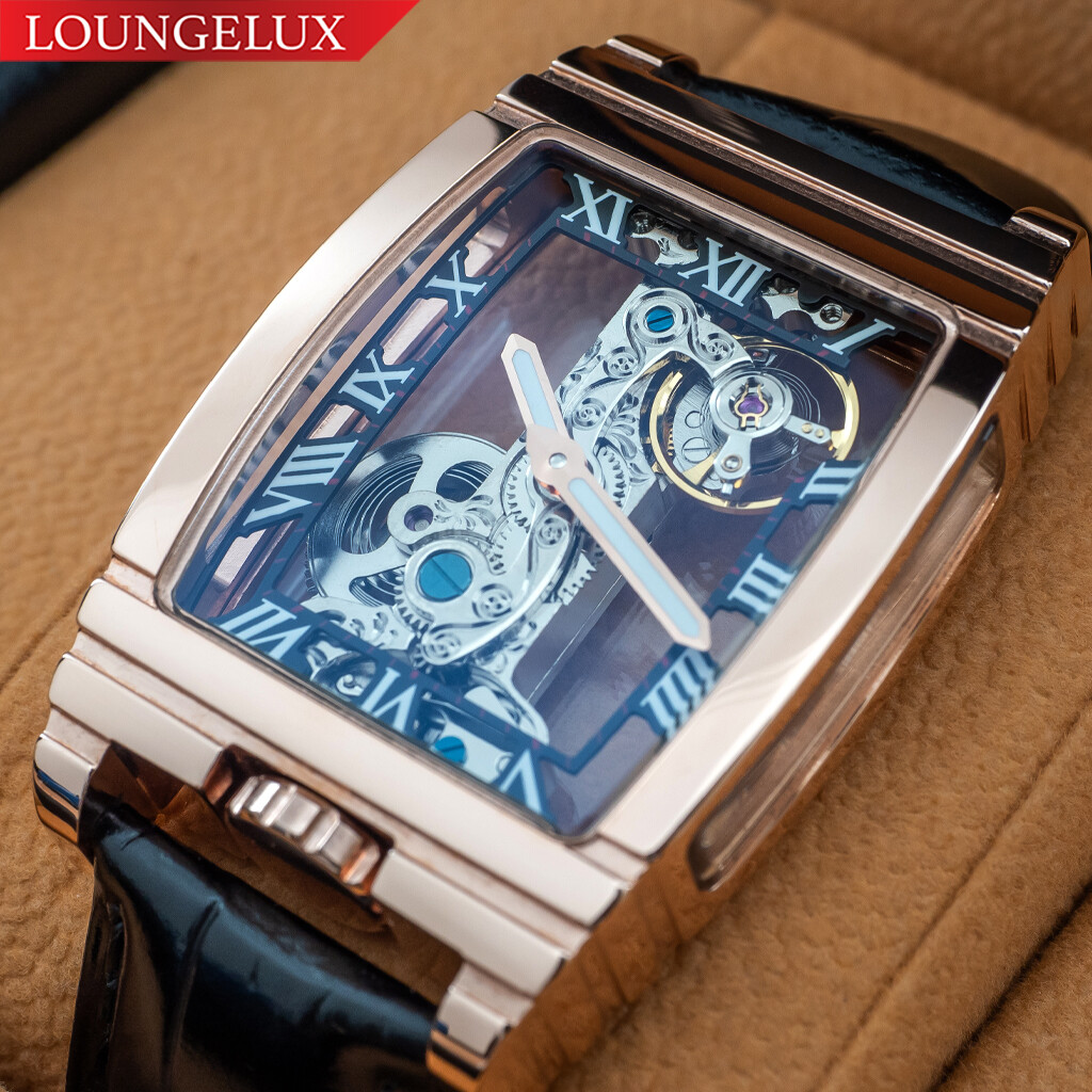 Mens Rose Gold Bridge Manual Mechanical Watch – Black Leather Strap – Gift