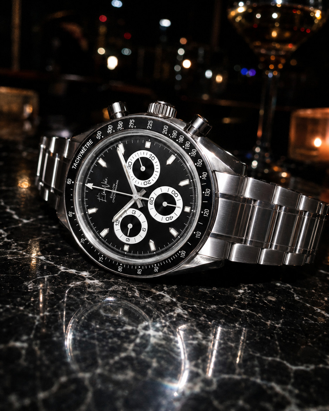 Élan Noir Chronograph Watch VK63 Black & White Sapphire Crystal Steel 40mm