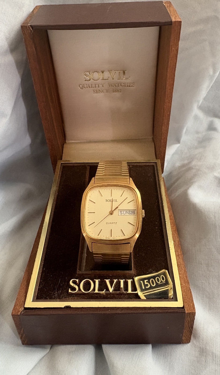 NIB Vintage Gold Tone Solvil Et Titus Watch Duel English Spanish Weekday, 32mm