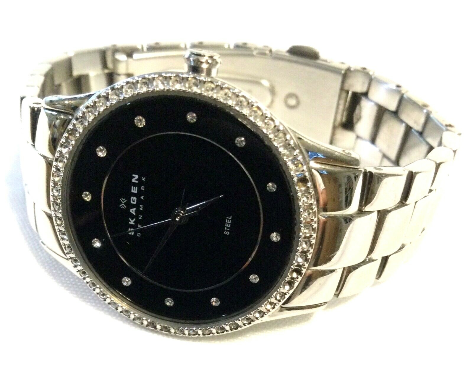 SKAGEN DENMARK LADIES WATCH Black Dial Crystal Bezel All Stainless Case & Band