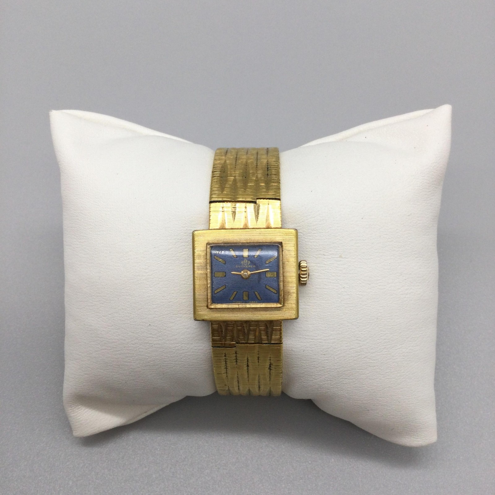 Vintage Bucherer Womens Watch 20mm Blue Rectangle Dial 10K GP Manual 5255-3 6.5″
