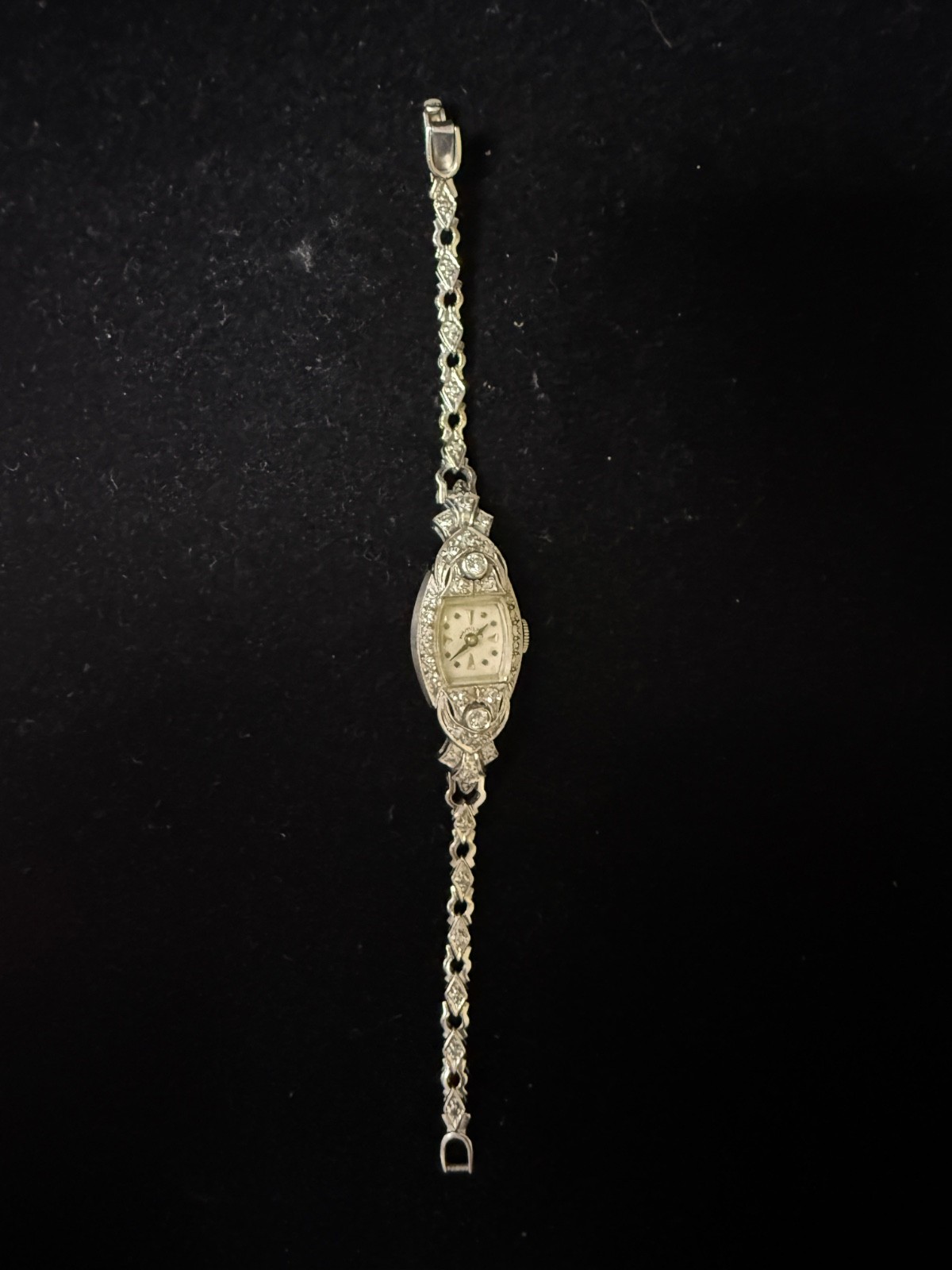 Vintage Hamilton Platinum Diamond Cocktail Watch 14K Gold Bracelet Art Deco