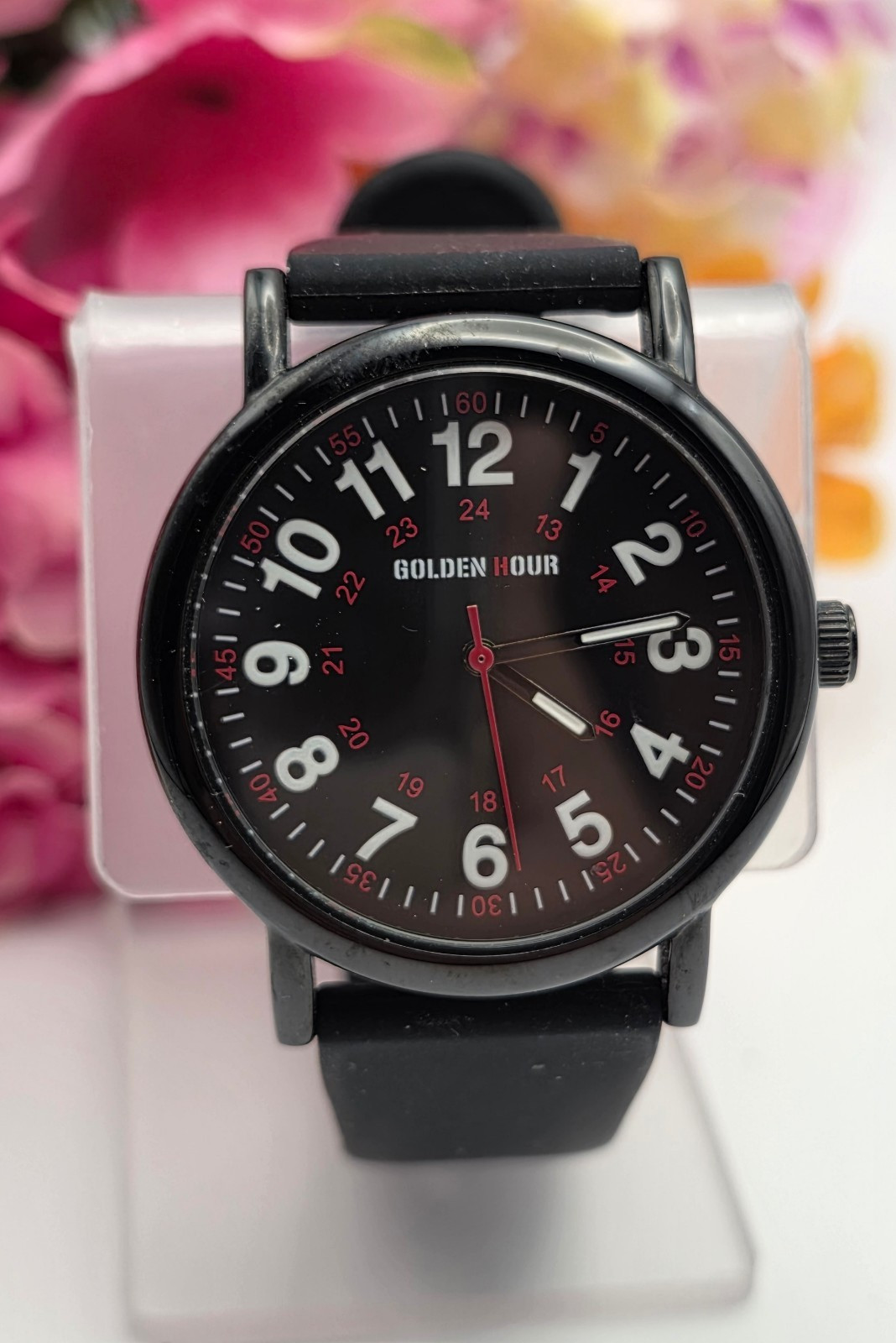 Golden Hour GH1314 Black Silicone Strap 24 Hour Dial Watch 8 In Wrist
