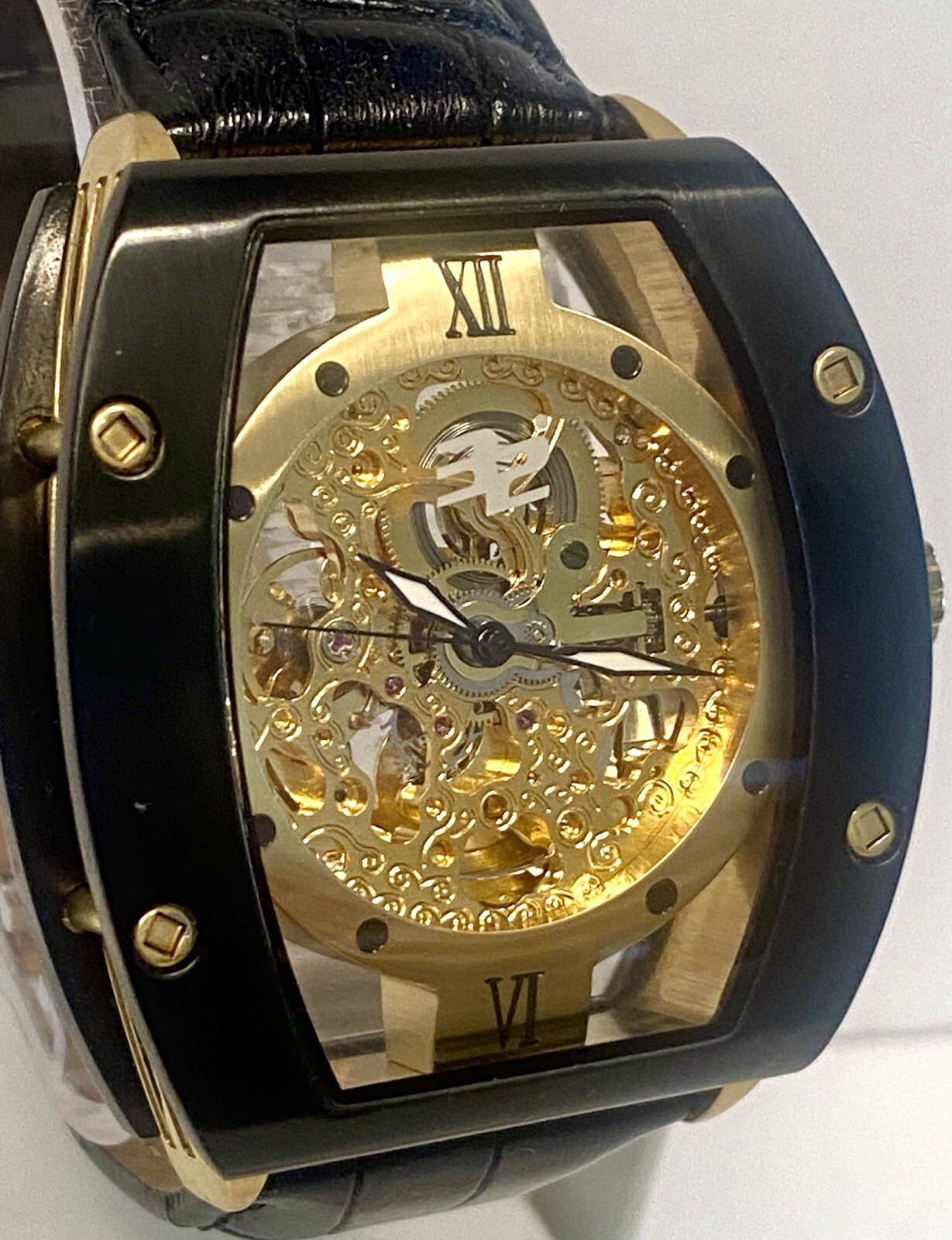 Auto W44mm Black Tonneau | Floating Goldtone Skeleton Dial 32 DEGREES Mens Watch