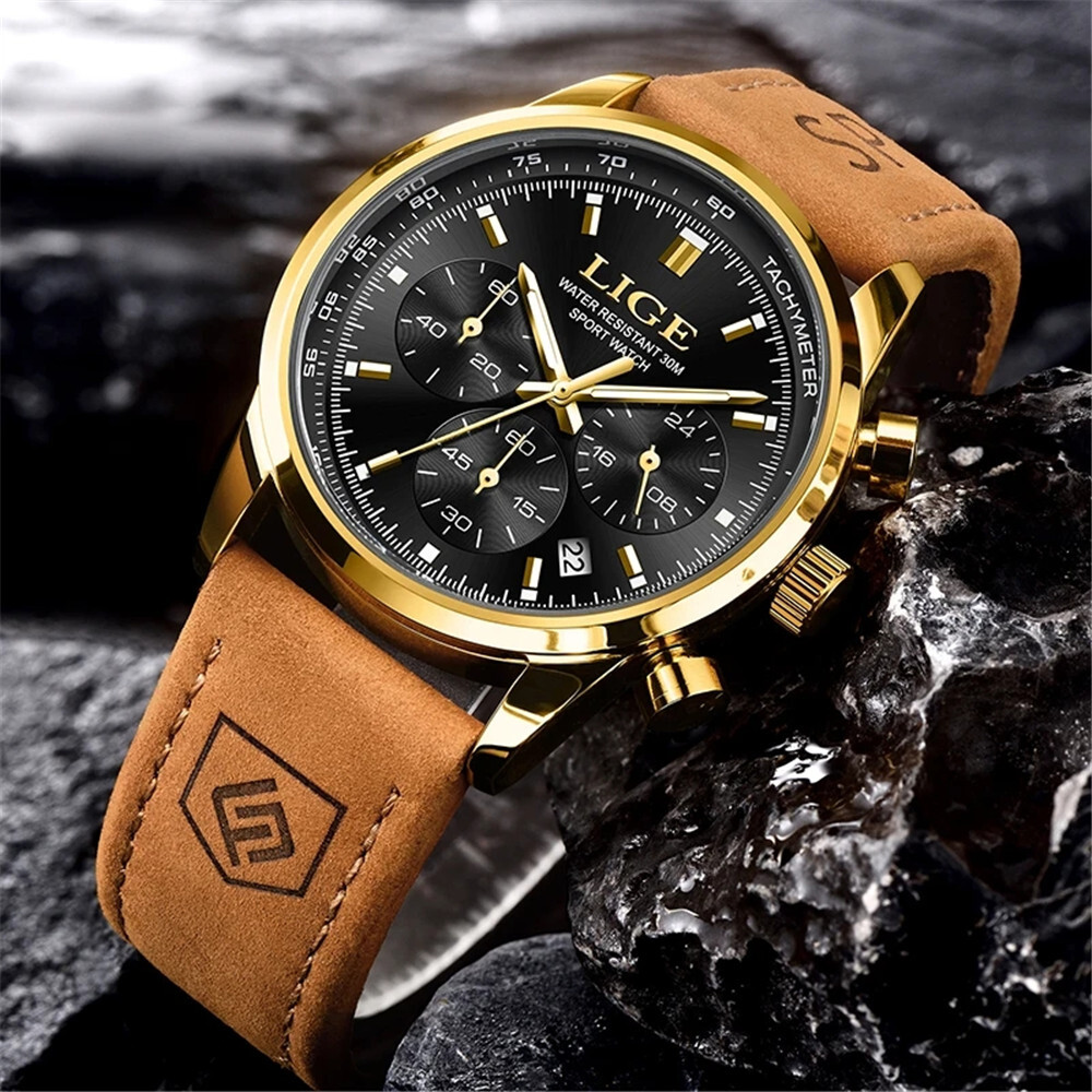 LIGE Men Watch Top Brand Luxury Military Leather Wristwatch Male Calendar Watch