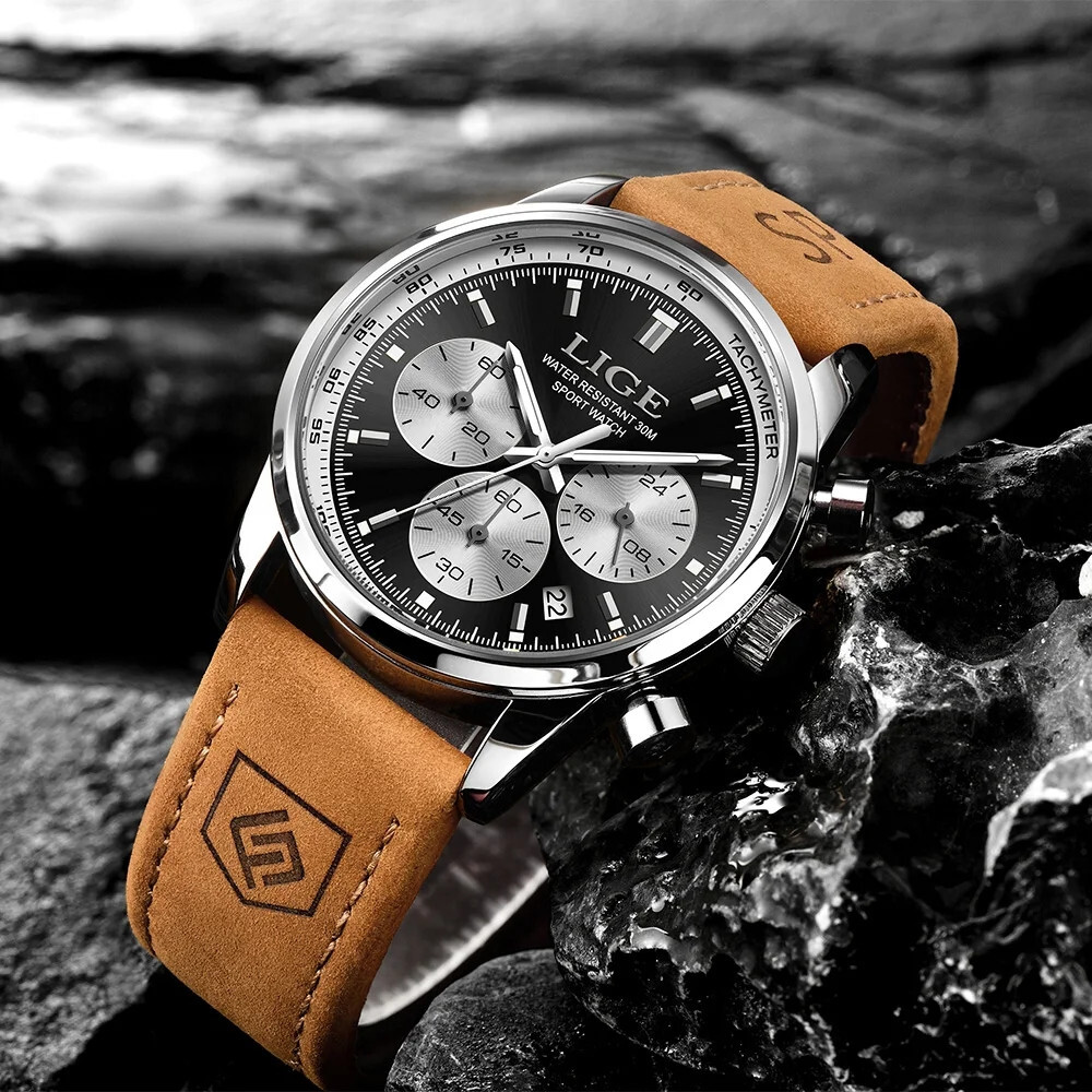 LIGE Men Watch Top Brand Luxury Military Leather Wristwatch Male Calendar Watch