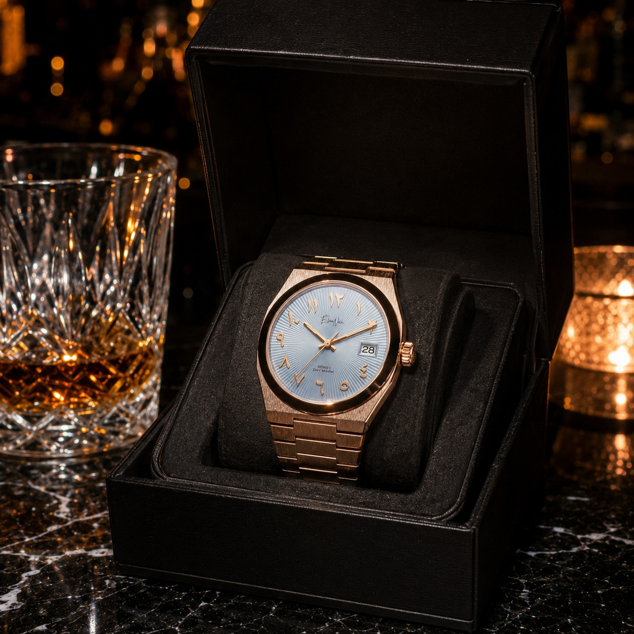 Custom Élan Noir Série I Rose/Blue 36mm Auto NH35 Sapphire Crystal Steel Watch