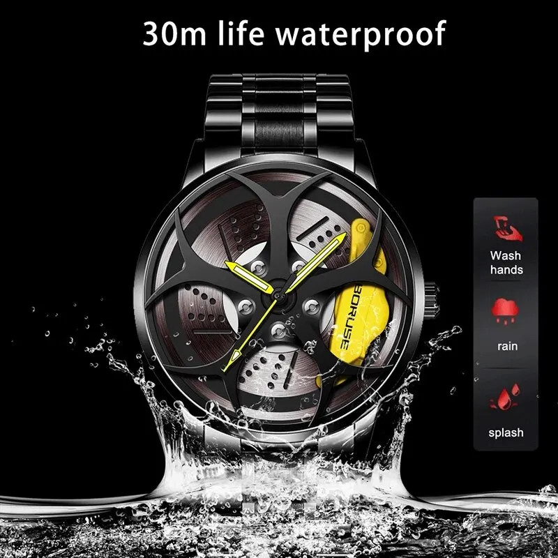 Luxury Men’s Sports Waterproof Quartz Watch with Stainless Steel Wheel Design