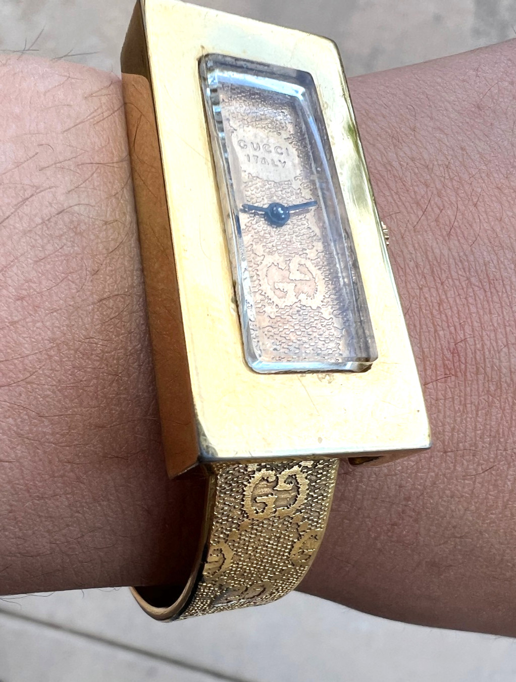Lady’s Vintage Gucci bangle wristwatch cuff rose n yellow gold filled 70’s Works